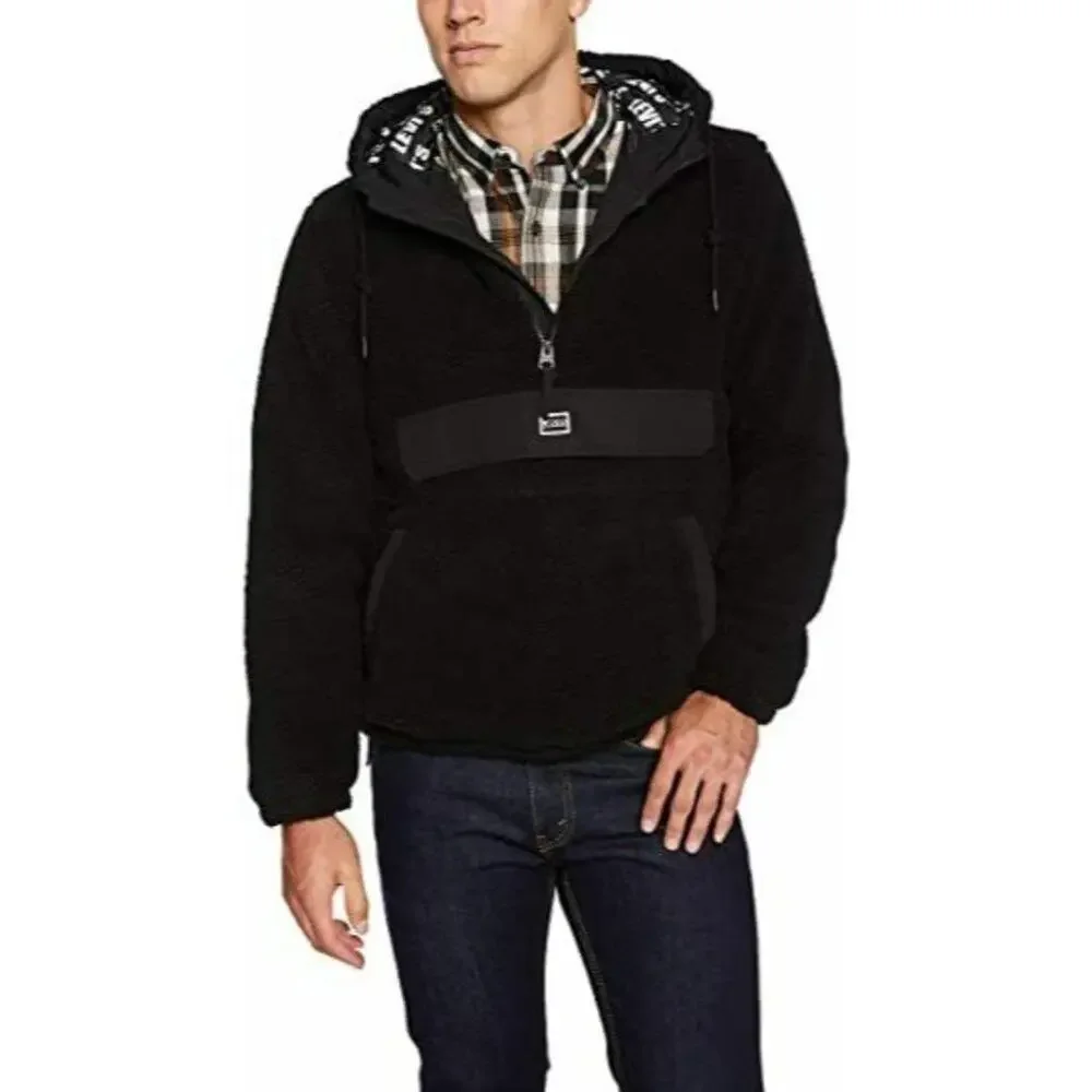 Levi's Men's Faux Shearling Hooded‎ Partial Zip Black Sweater Size M $180